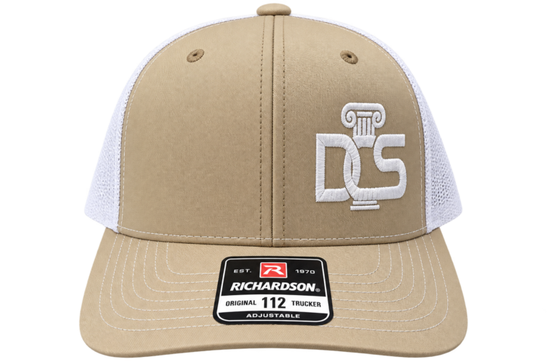 Tan and white Richardson 112 trucker hat with custom white 3D puff embroidery.