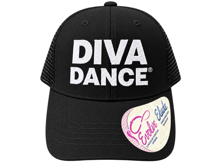 Black Evolve Elude ponytail trucker hat with custom white 3D puff embroidery reading Diva Dance.