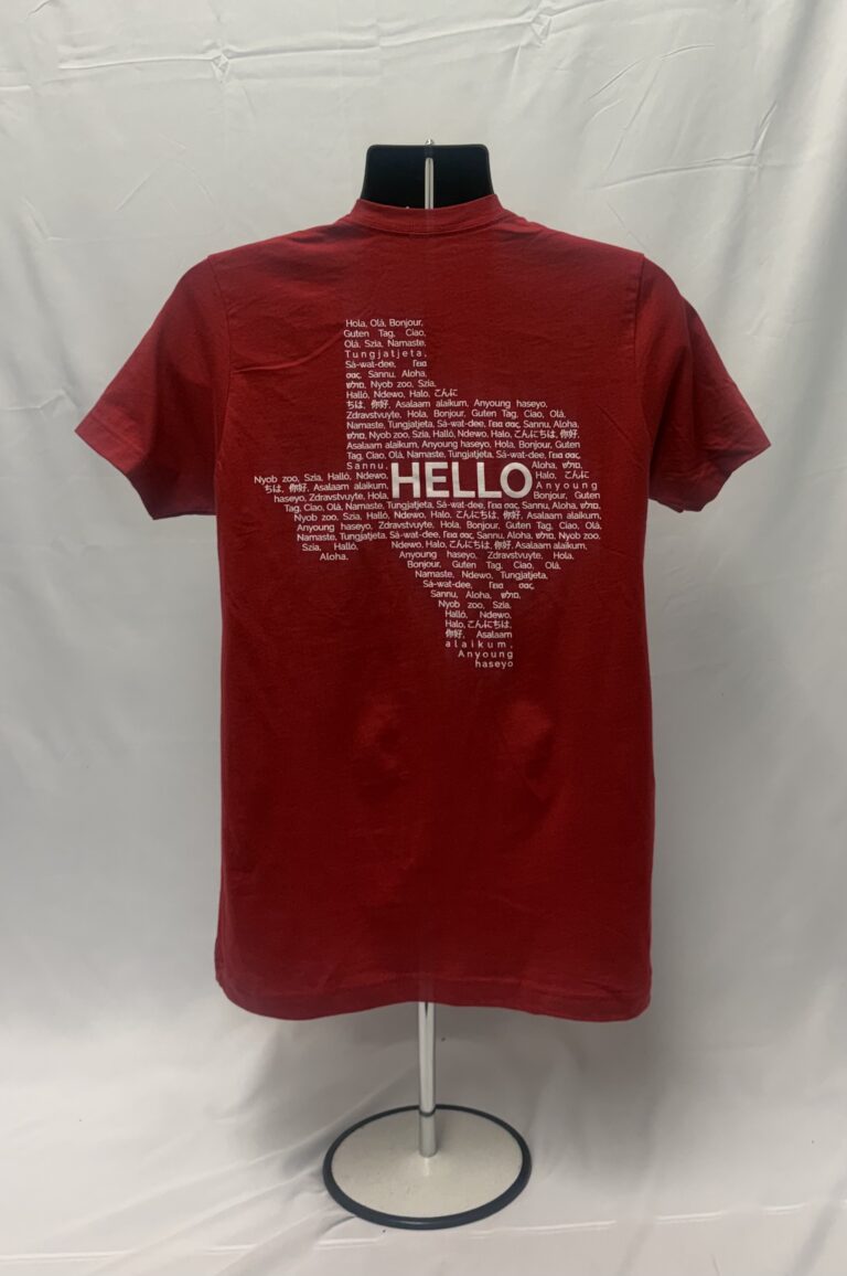Red custom t-shirt featuring a full-back screen-printed design with multilingual Hello typography.