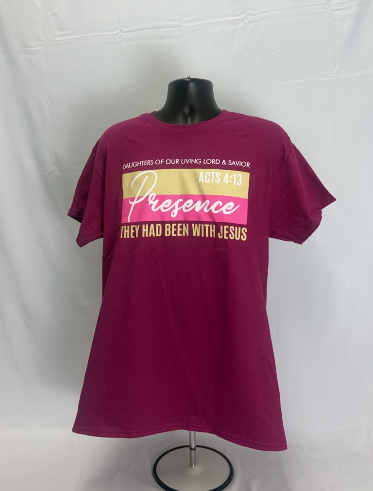 Maroon custom screen-printed t-shirt with pink and yellow Acts 4:13 Presence scripture design.