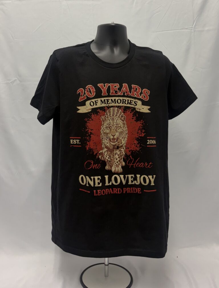 Black short-sleeve t-shirt with multi-color screen printed Lovejoy Leopard Pride 20 Years of Memories graphic.