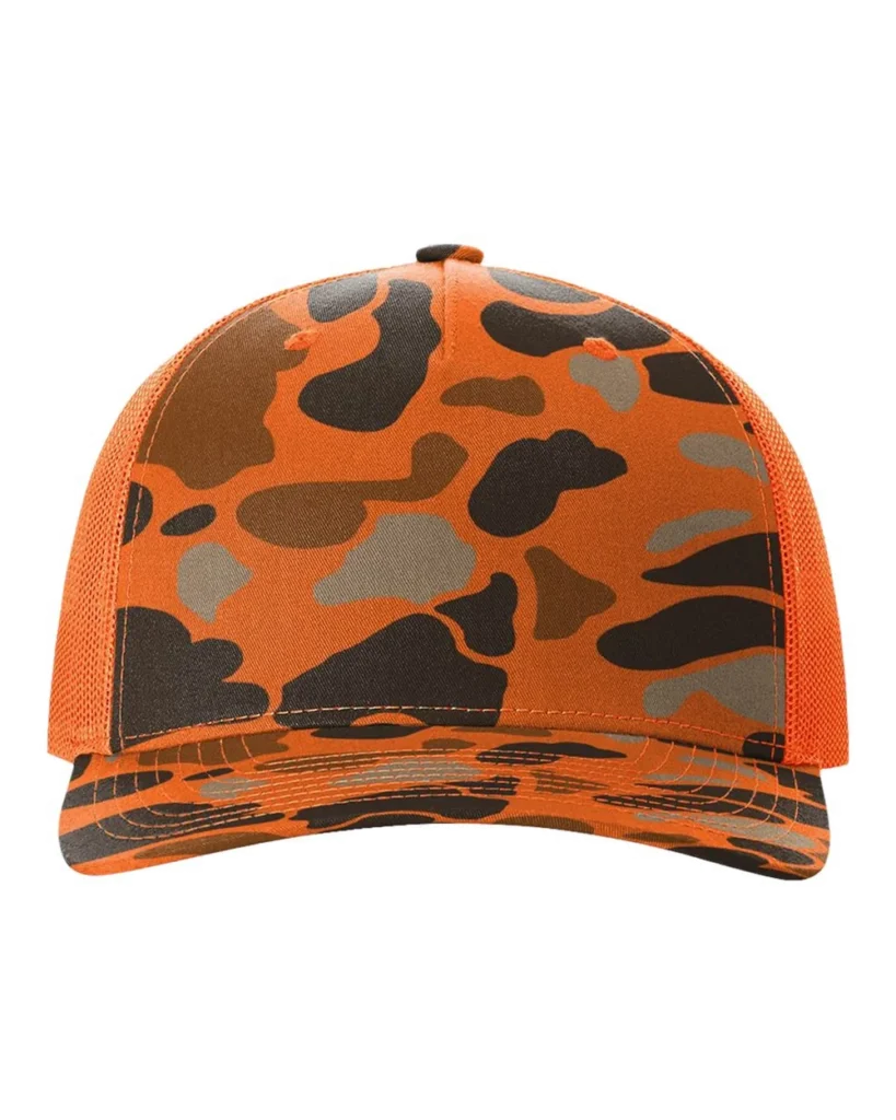 Richardson Printed Five-Panel Trucker Cap Blaze Duck Camo/ Blaze