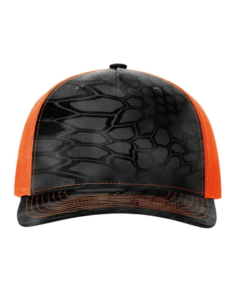 Richardson Printed Five-Panel Trucker Cap Kryptek Typhon/ Neon Orange